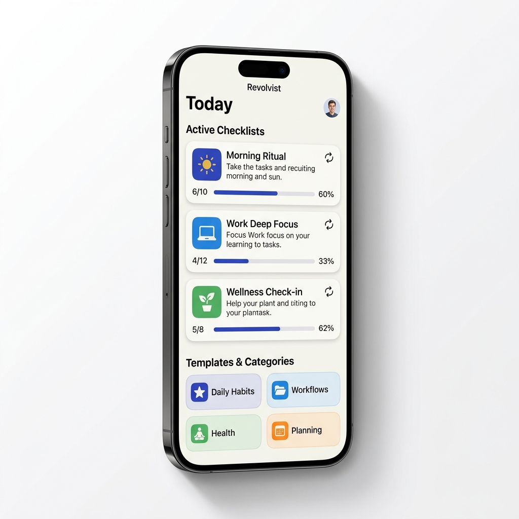 Revolvist app showing active checklists with progress tracking